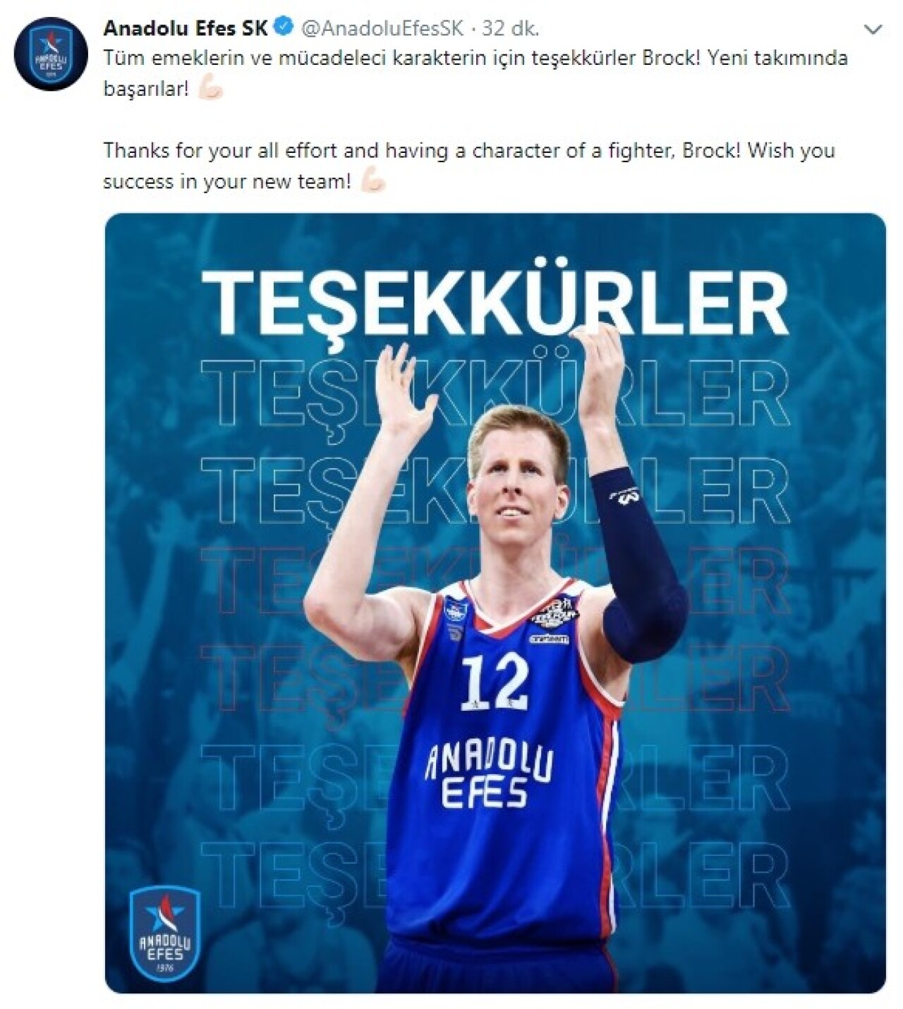 Anadolu Efes, Brock Motum’a teşekkür etti