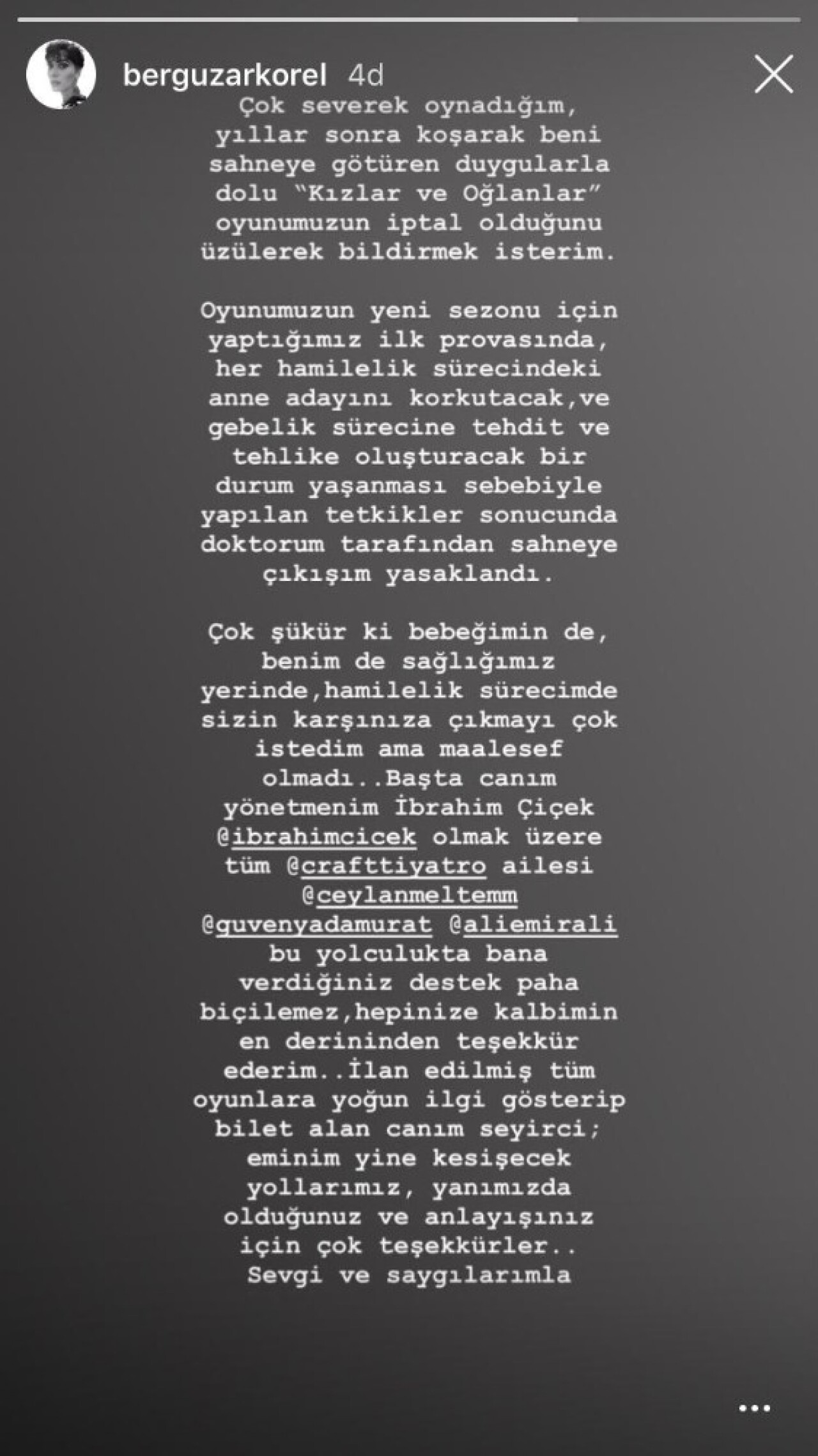 Bergüzar Korel, hamilelik süreci boyunca sahnede olmayacak