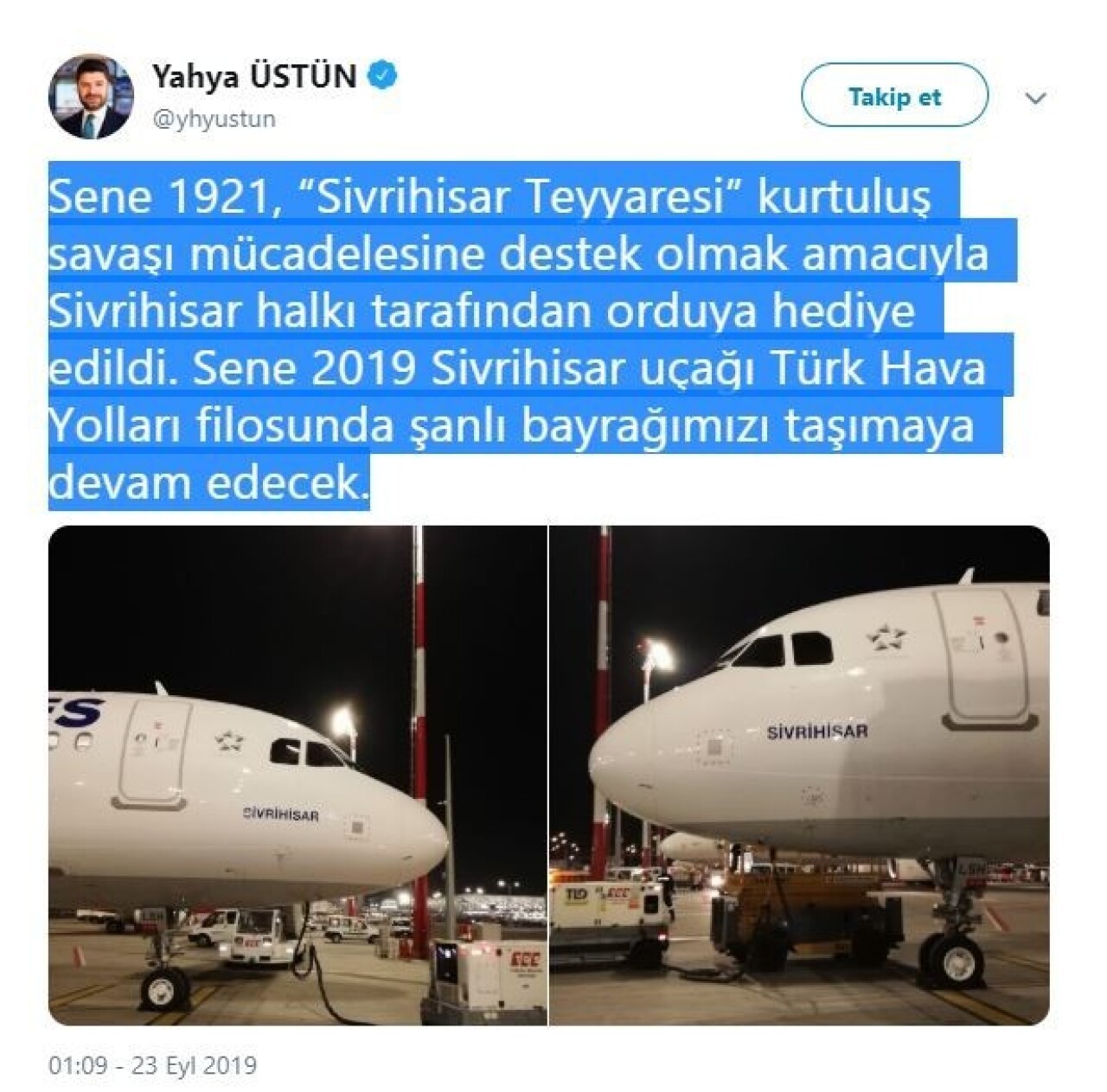 Türk Hava Yolları yeni uçağına Sivrihisar adını verdi