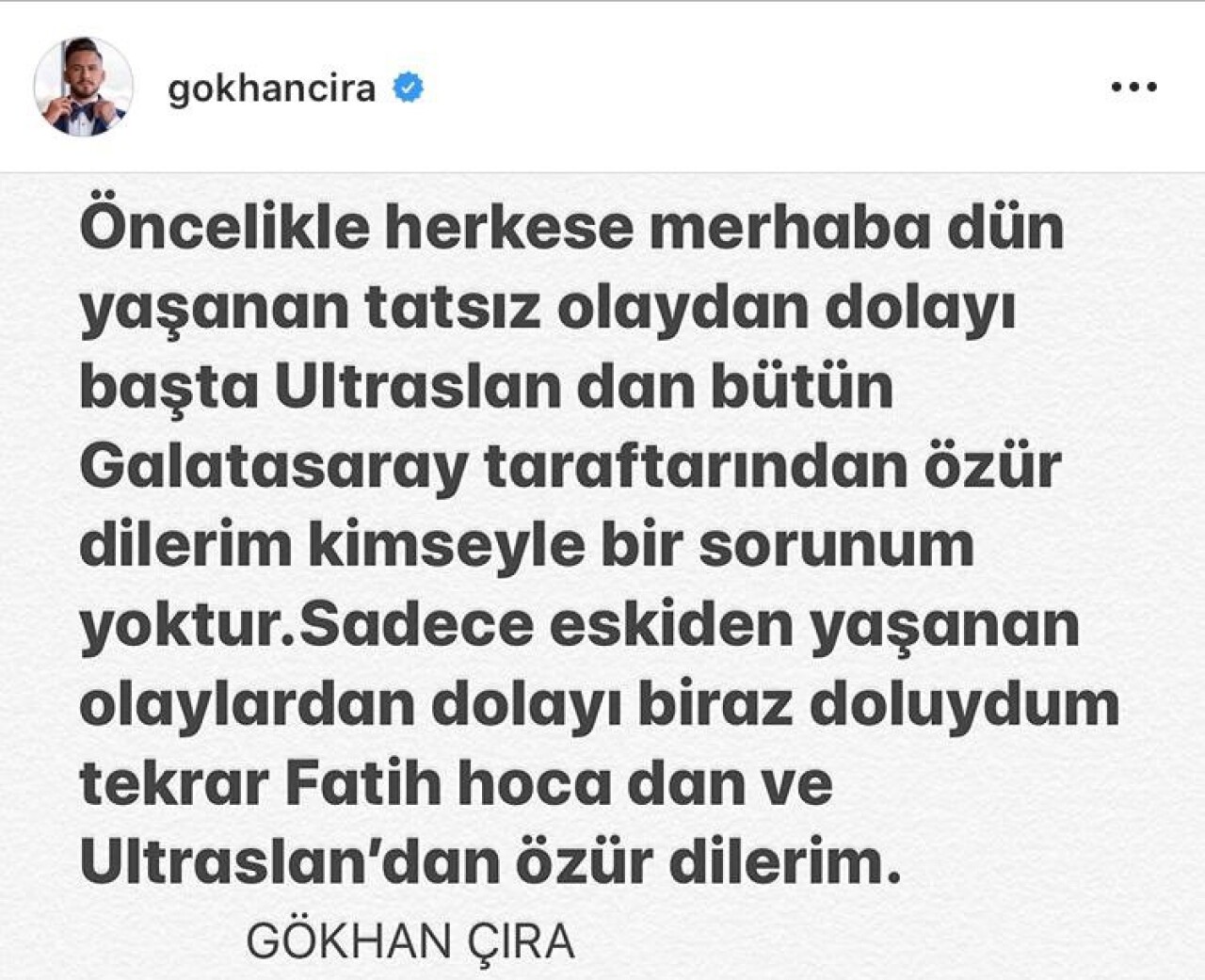 Gökhan Çıra, Fatih Terim’den özür diledi