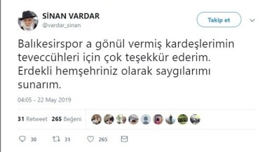 Sinan Vardar’dan taraftara yanıt