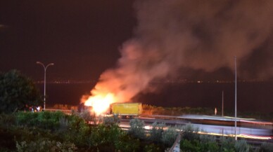 Kocaeli TEM’de plastik boru yüklü tır alev alev yandı