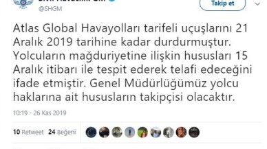 Atlasglobal Havayolları tarifeli uçuşlarını durdurdu