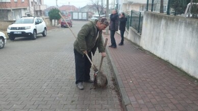 Her gün oturduğu caddeyi temizliyor