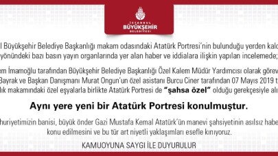 İBB’den Atatürk Portresi ve T.C. açıklaması