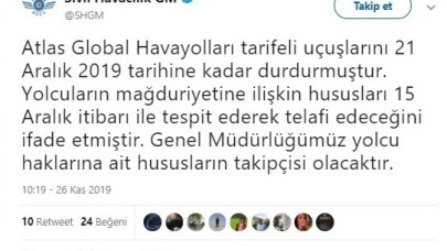 Atlasglobal Havayolları tarifeli uçuşlarını durdurdu