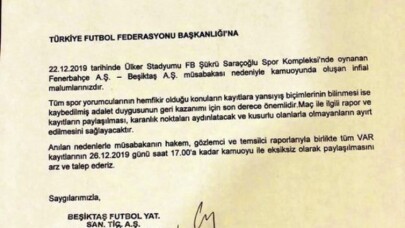 Beşiktaş, Fenerbahçe derbisinin VAR kayıtlarının açıklanması için TFF’ye başvurdu.