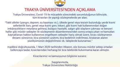 Trakya Üniversitesi kiracılarından kira almayacak