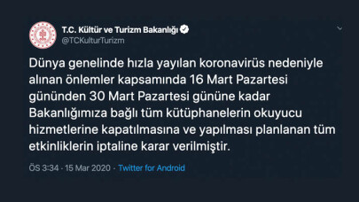 Kütüphanelerin okuyucu hizmetleri kapatıldı